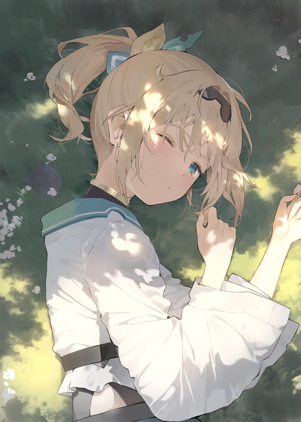 1girl blonde_hair blue_eyes blush closed_mouth dot_nose from_side hair_between_eyes hana_mori highres hololive kazama_iroha looking_at_viewer lying on_grass on_side one_eye_closed ponytail sidelocks solo upper_body virtual_youtuber wide_sleeves