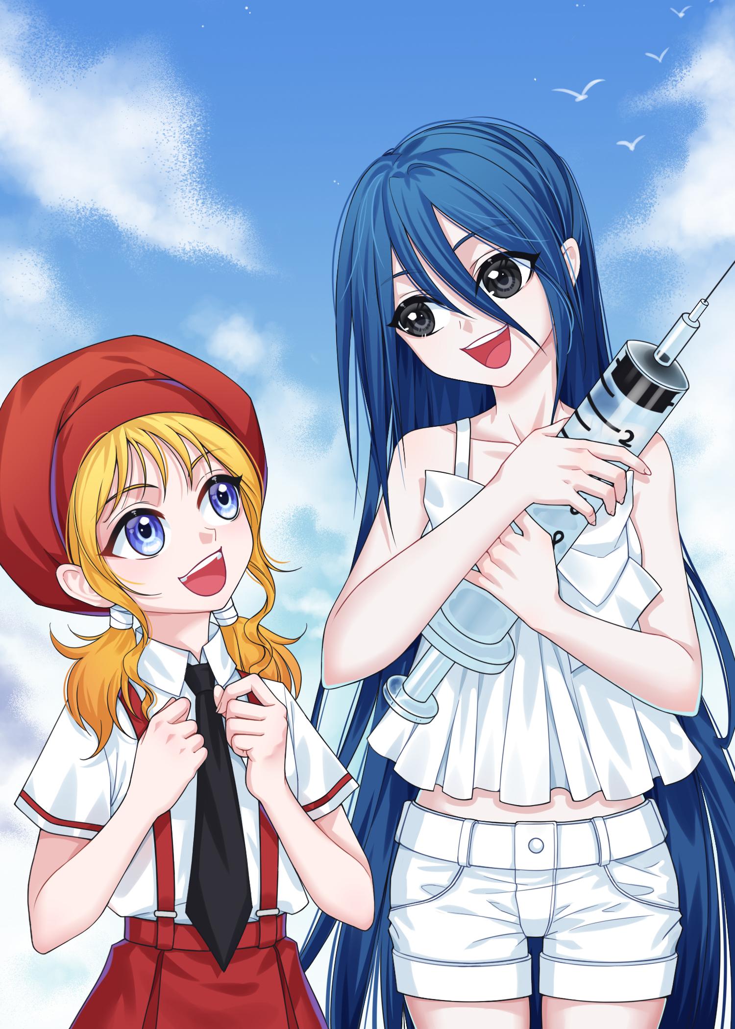 2girls :d aged_down bare_arms bare_shoulders beret bird black_eyes black_necktie blonde_hair blue_eyes blue_hair blue_sky bow camisole cang_yue_(tou_xing_jiuyue_tian) clenched_hands clouds collared_shirt cowboy_shot frilled_camisole frills hair_between_eyes hands_up hat highres holding holding_syringe kumu_zaisheng large_syringe long_hair looking_at_another low_twintails medium_hair midriff multiple_girls necktie outdoors oversized_object red_headwear red_skirt shirt short_shorts short_sleeves shorts skirt sky smile suspender_skirt suspenders syringe teeth tou_xing_jiuyue_tian twintails upper_body upper_teeth_only very_long_hair white_bow white_camisole white_shirt white_shorts yi_yue_(tou_xing_jiuyue_tian)