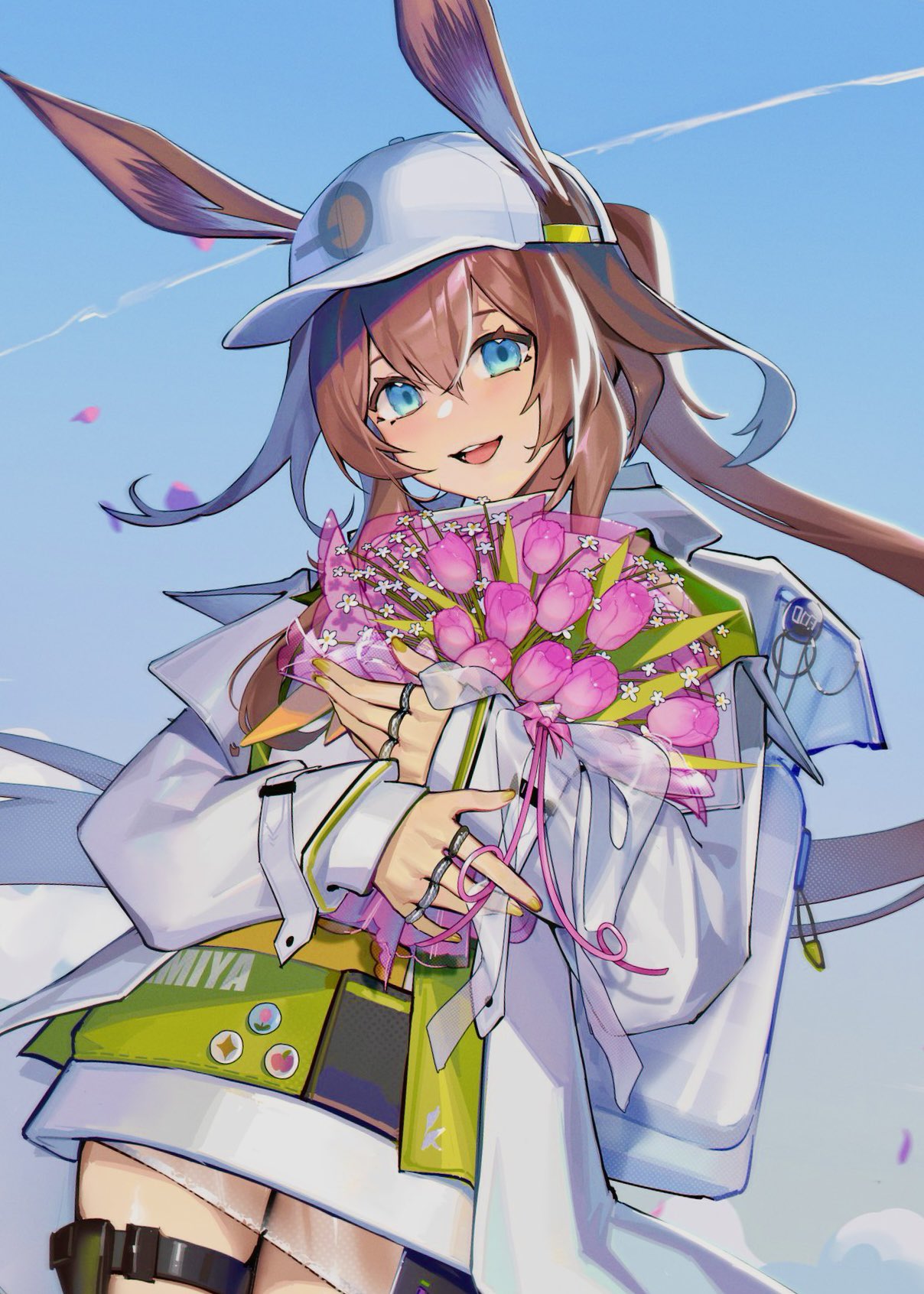 1girl alternate_costume amiya_(arknights) animal_ears arknights ass baseball_cap blue_eyes blue_sky bouquet brown_hair character_name commentary contrail cowboy_shot dress flower green_dress hat highres holding holding_bouquet hood hooded_jacket jacket jewelry layered_dress long_hair long_sleeves looking_at_viewer maealgae1 mixed-language_commentary multiple_rings open_mouth pink_flower rabbit_ears rabbit_girl ring sidelocks sky smile solo thigh_pouch thigh_strap tulip very_long_hair white_background white_dress white_headwear