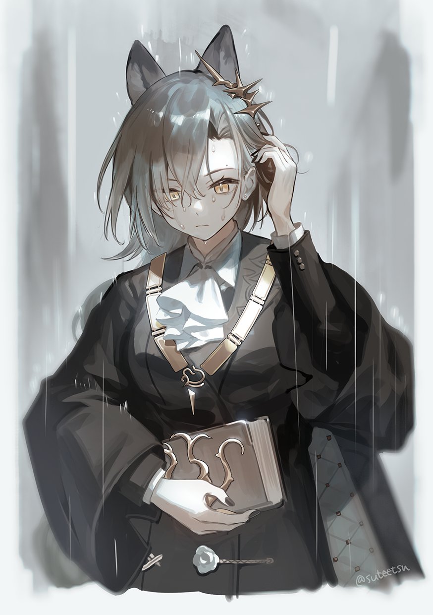 1girl animal_ears arknights ascot aynoh black_coat black_jacket black_nails blurry blurry_background book border breasts coat commentary cropped_torso grey_background grey_hair hair_ornament highres holding holding_book jacket light_frown looking_down medium_breasts mole_above_eye nail_polish open_clothes open_coat penance_(arknights) rain short_hair solo water_drop white_ascot yellow_eyes