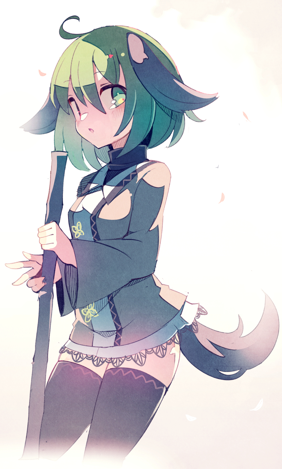 1girl ahoge animal_ears black_thighhighs blush cropped_legs dog_ears dog_tail dress fuukadia_(narcolepsy) gradient_background green_eyes green_hair grey_dress hair_between_eyes highres holding kasodani_kyouko long_sleeves looking_at_viewer parted_lips short_hair solo tail thigh-highs touhou