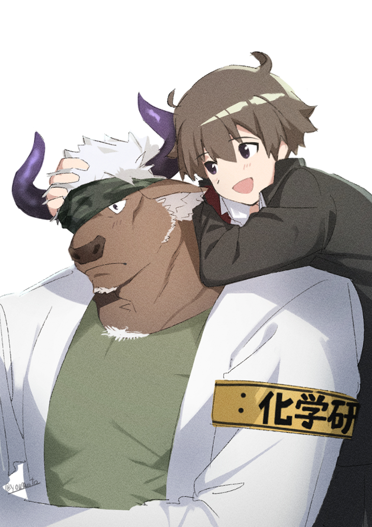 2boys ahoge ai_manato animal_ears armband brown_eyes brown_fur brown_hair camouflage camouflage_headwear chest_hair closed_mouth commentary_request cow_ears cow_horns facial_hair furry furry_male gakuran goatee green_shirt hand_on_another's_head headband horns lab_coat large_pectorals looking_at_another male_focus minotaur multiple_boys muscular muscular_male open_mouth pectorals protagonist_4_(housamo) purple_horns school_uniform shennong_(housamo) shirt short_hair simple_background smile tokyo_afterschool_summoners twitter_username upper_body white_background white_hair