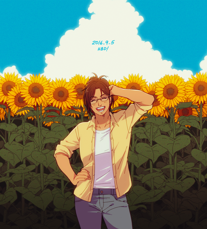 1other aquiline_nose blue_sky brown_hair closed_eyes clouds commentary contrapposto cowboy_shot dated denim english_commentary field flower flower_field grey_pants hand_in_own_hair hange_zoe hanpetos jeans open_mouth other_focus pants shingeki_no_kyojin shirt sky sleeves_rolled_up smile solo sunflower yellow_shirt