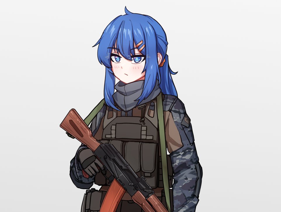 1girl ak-47 assault_rifle blue_eyes blue_hair blush brown_gloves camouflage camouflage_jacket closed_mouth commentary_request gloves grey_background grey_jacket gun hair_between_eyes hair_ornament hairclip holding holding_gun holding_weapon jacket jonasmk kalashnikov_rifle korean_commentary long_hair long_sleeves looking_at_viewer original ponytail rifle sidelocks simple_background solo weapon