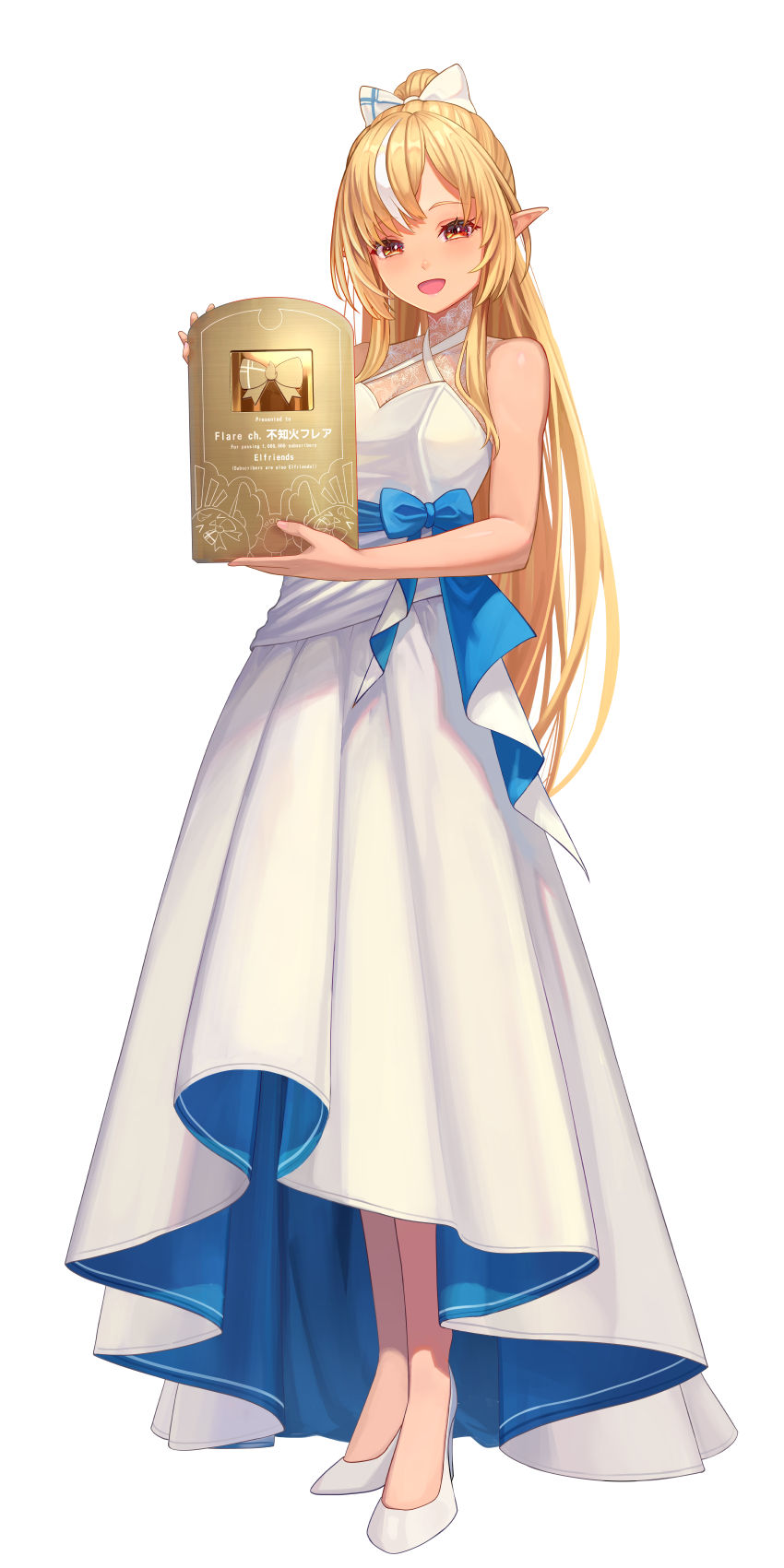:d blonde_hair blue_bow blue_dress bow breasts brown_eyes commentary_request dress full_body gold_creator_award hair_bow halter_dress halterneck high_heels high_ponytail highres holding hololive long_dress long_hair looking_at_viewer medium_breasts multicolored_hair open_mouth pointy_ears pumps sakumichi shiranui_flare sidelocks simple_background smile standing streaked_hair virtual_youtuber waist_bow white_background white_bow white_dress white_footwear white_hair youtube_creator_award