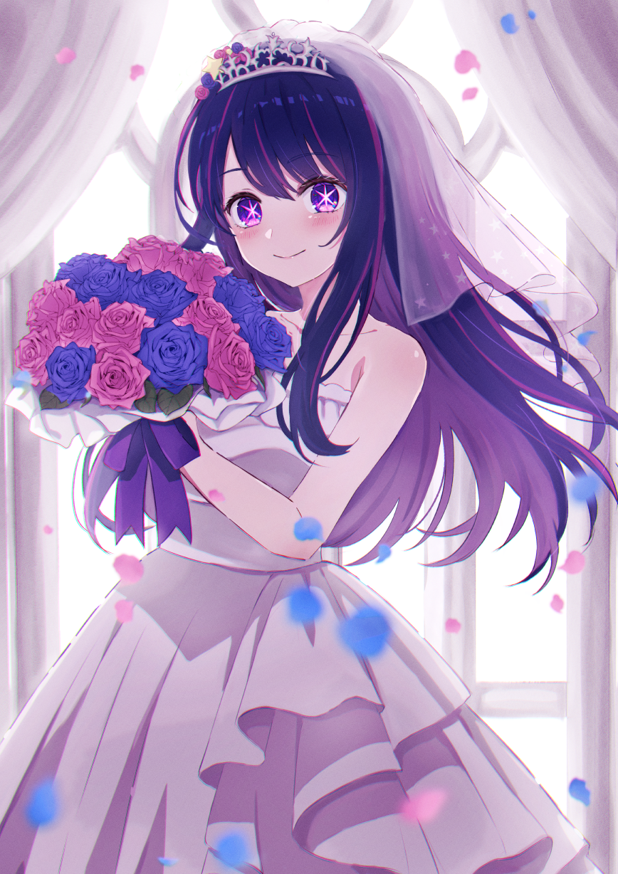 1girl bare_shoulders blue_flower blue_rose blush bouquet bow breasts bridal_veil bride closed_mouth collarbone commentary_request curtains dress flower hair_between_eyes hair_flower hair_ornament hands_up highres holding holding_bouquet hoshino_ai_(oshi_no_ko) indoors leaf long_hair looking_at_viewer medium_breasts multicolored_hair murabitot oshi_no_ko petals pink_flower pink_hair pink_rose purple_bow purple_hair revision rose sleeveless sleeveless_dress smile solo standing star-shaped_pupils star_(symbol) star_hair_ornament star_print strapless strapless_dress symbol-shaped_pupils tiara two-tone_hair veil wedding_dress white_dress window