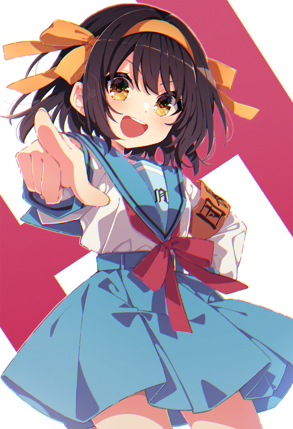1girl :d armband blue_sailor_collar blue_skirt blush bob_cut brown_eyes brown_hair commentary_request cowboy_shot h hair_ribbon hairband hand_on_own_hip highres index_finger_raised kita_high_school_uniform long_sleeves looking_at_viewer mamyouda medium_hair open_mouth pointing red_armband red_ribbon ribbon sailor_collar school_uniform serafuku simple_background skirt smile solo standing suzumiya_haruhi suzumiya_haruhi_no_yuuutsu teeth upper_teeth_only white_background winter_uniform yellow_hairband yellow_ribbon