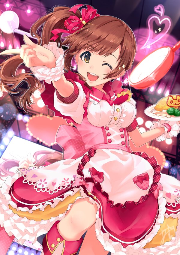 1girl ;d blurry blurry_background boots bow breasts broccoli brown_eyes brown_hair cowboy_shot dress dress_bow food frilled_dress frills frying_pan glint hair_bow hair_ribbon hands_up heart holding holding_food idolmaster idolmaster_cinderella_girls idolmaster_cinderella_girls_starlight_stage igarashi_kyoko index_finger_raised ketchup layered_skirt leg_up lens_flare long_hair looking_at_viewer medium_breasts mistrail necktie omelet omurice one_eye_closed open_mouth pink_bow plate polka_dot polka_dot_ribbon red_dress red_necktie red_ribbon ribbon screen scrunchie short_sleeves side_ponytail signature skirt smile solo stage stage_lights standing standing_on_one_leg teeth upper_teeth_only white_scrunchie wrist_scrunchie