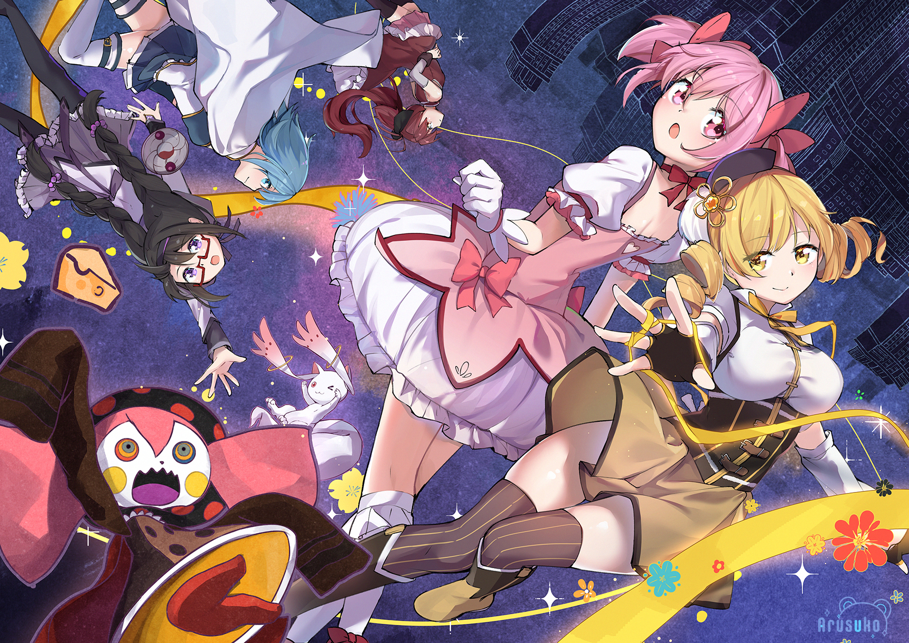 Safebooru - 5girls akemi homura argyle argyle legwear arm shield arusuko  bare shoulders beret black hair black thighhighs blonde hair blue eyes blue  hair blue skirt blush boots bow braid charlotte (madoka