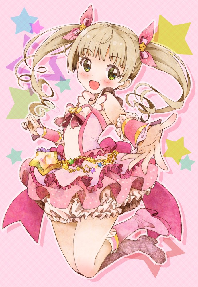 1girl bare_shoulders belly_chain bloomers blush boots bow bowtie brown_eyes brown_hair dot_nose dress flat_chest frilled_skirt frills full_body hair_bow hair_ribbon idolmaster idolmaster_cinderella_girls idolmaster_cinderella_girls_starlight_stage jewelry jumping knee_boots layered_skirt leaning_back long_hair looking_at_viewer magical_girl michii_yuuki open_hand open_mouth pink_background pink_bow pink_bowtie pink_dress pink_footwear pink_wristband reaching reaching_towards_viewer red_ribbon ribbon skirt sleeveless sleeveless_dress smile solo star_ornament starry_background twintails underwear white_bloomers yokoyama_chika