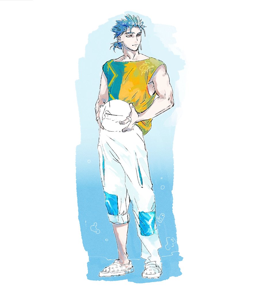 1boy ball blue_hair blue_shirt cu_chulainn_(fate) earrings fate/grand_order fate_(series) full_body holding holding_ball jewelry long_hair looking_to_the_side male_focus pants red_eyes ring sbdugite shirt short_sleeves solo two-tone_shirt volleyball_(object) white_pants yellow_shirt