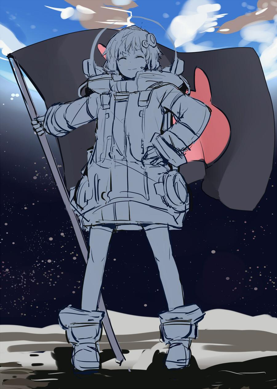 1girl black_sky boots closed_eyes closed_mouth commentary_request earth_(planet) facing_viewer flag full_body hair_ornament highres holding holding_flag long_sleeves on_moon partially_colored planet sketch sky smile solo space space_helmet spacesuit standing star_(sky) starry_sky straight-on thigh-highs toromera vocaloid voiceroid yuzuki_yukari