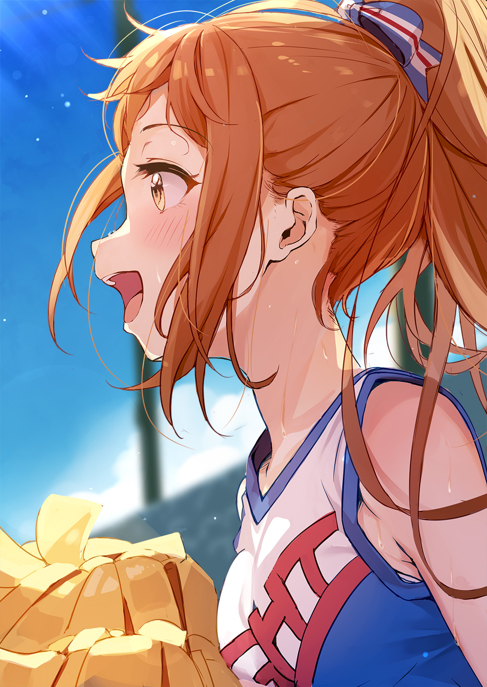 1girl blue_ribbon blue_shirt blue_sky blush bow breasts brown_eyes brown_hair cheerleader clouds collarbone day from_side hair_bow hair_ribbon highres holding holding_pom_poms idolmaster idolmaster_cinderella_girls idolmaster_cinderella_girls_starlight_stage long_hair looking_at_another medium_breasts nira_(vira) open_mouth pom_pom_(cheerleading) ponytail print_shirt ribbon shirt sky sleeveless sleeveless_shirt smile solo sweat teeth upper_body upper_teeth_only very_long_hair wakabayashi_tomoka