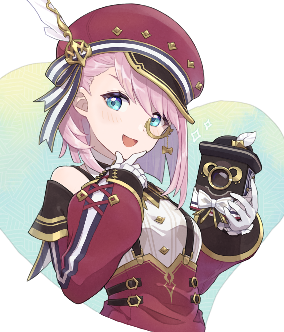 1girl :d aqua_eyes blush bow buttons cabbie_hat camera charlotte_(genshin_impact) commentary_request cross-laced_clothes cross-laced_sleeves detached_sleeves eyelashes eyewear_strap frilled_sleeves frills genshin_impact gloves gold_trim gradient_background hair_between_eyes hand_on_own_chin hands_up hat hat_feather hat_ribbon high-waist_skirt holding holding_camera kura_xx_meme long_sleeves looking_at_viewer medium_hair monocle multicolored_background open_mouth parted_bangs pink_hair puffy_detached_sleeves puffy_long_sleeves puffy_sleeves red_headwear red_skirt red_sleeves ribbon shirt simple_background skirt sleeve_cuffs sleeveless sleeveless_shirt smile solo striped striped_ribbon suspender_skirt suspenders swept_bangs upper_body white_background white_bow white_gloves white_shirt