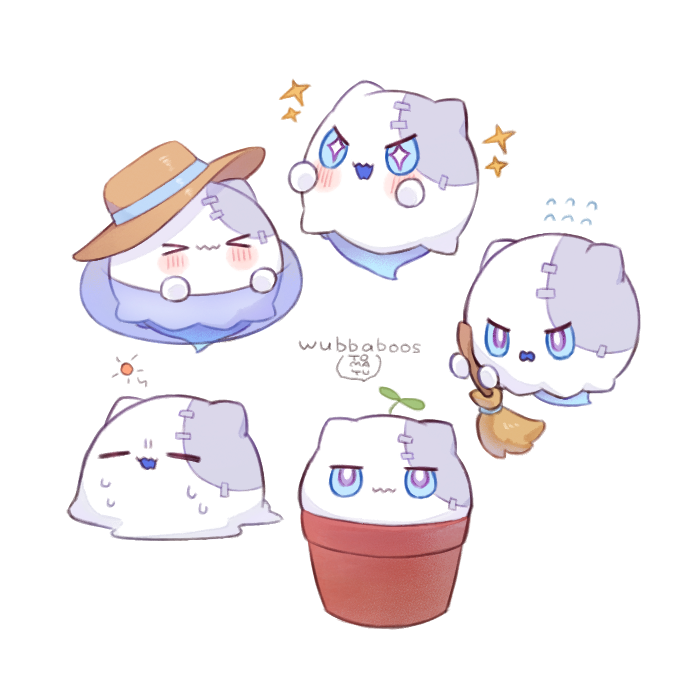 &gt;_&lt; 1other 7mb_yut :3 =_= blush broom brown_headwear character_name cleaning closed_mouth commentary_request flower_pot hat holding holding_broom honkai:_star_rail honkai_(series) hot melting open_mouth plant simple_background sweat v-shaped_eyebrows violet_eyes white_background wubbaboo_(honkai:_star_rail)