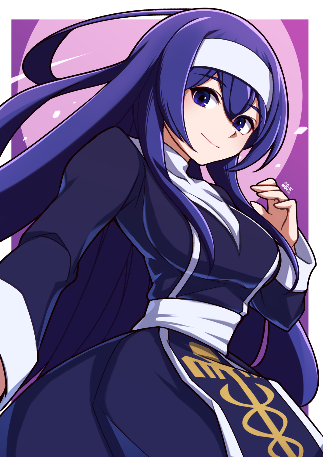 1girl black_dress blue_eyes blue_hair breasts closed_mouth commentary dress hair_between_eyes hairband highres long_hair long_sleeves looking_at_viewer medium_breasts orie_(under_night_in-birth) pink_background purple_background smile solo two-tone_background umenodo under_night_in-birth very_long_hair white_hairband