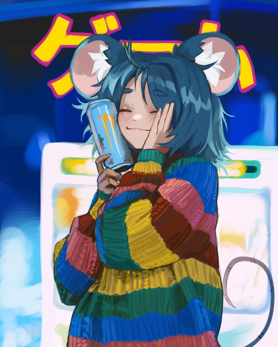 ^_^ ahoge animal_ears blue_hair blurry blurry_background blush can closed_eyes closed_mouth dot_nose drink hand_on_own_cheek hand_on_own_face happy highres holding holding_can holding_drink long_sleeves medium_hair monster_energy mouse_ears mouse_girl mouse_tail multicolored_sweater object_hug original parasoru_buruu rainbow_order sleeves_past_wrists smile sweater tail text_background thick_eyebrows upper_body