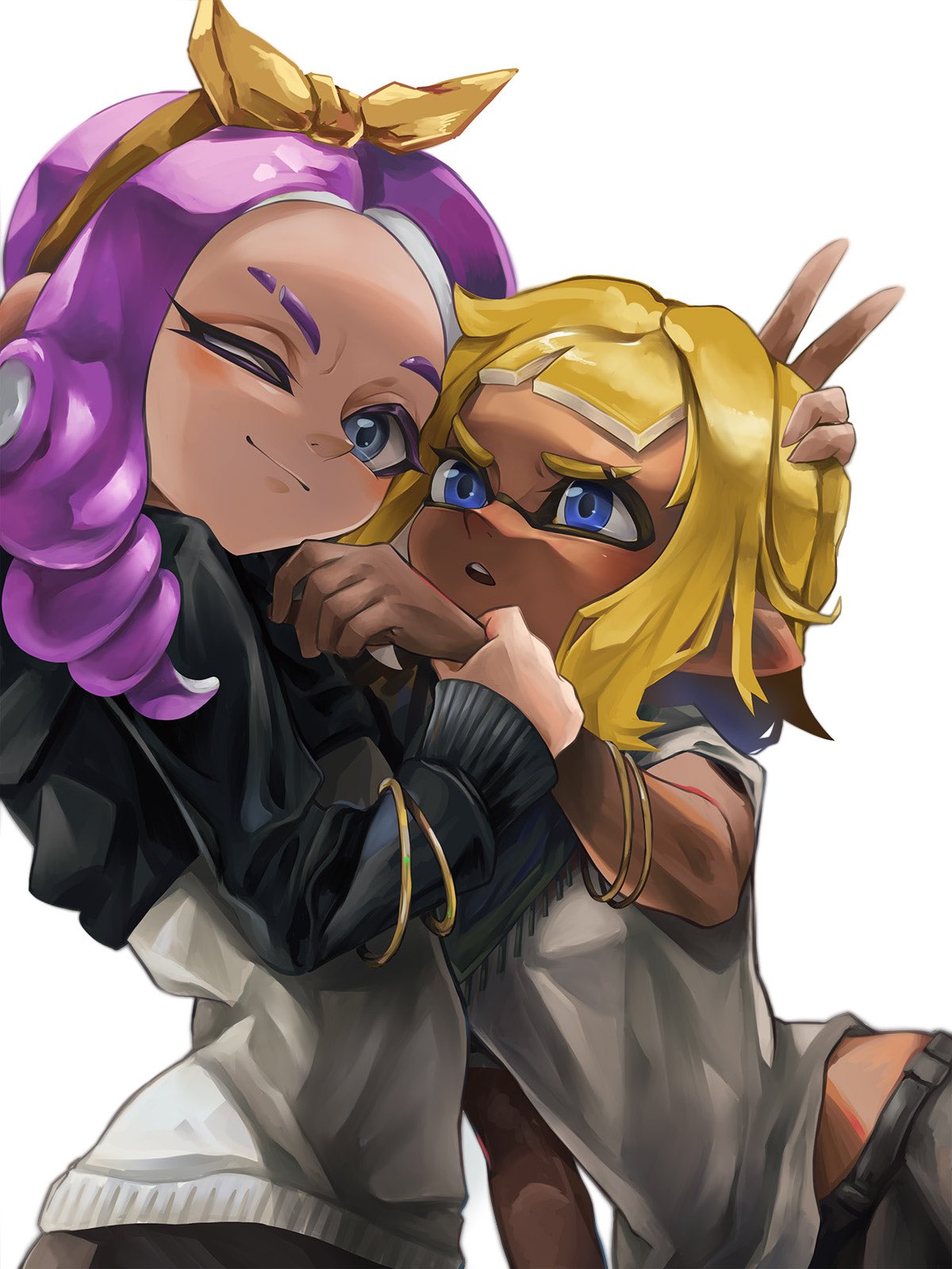 2girls ;) annoyed arm_at_side black_jacket blonde_hair blue_eyes closed_mouth cropped_jacket dark-skinned_female dark_skin domino_mask drill_hair face-to-face grabbing grey_eyes hairband hand_on_another's_head hand_up hands_up highres holding_another's_wrist inkling jacket janome_(jajanome) leaning_forward long_hair long_sleeves looking_at_another mask medium_hair midriff_peek multiple_girls octarian one_eye_closed parted_lips pointy_ears purple_hair shirt short_sleeves side_drill simple_background smile splatoon_(series) suction_cups tentacle_hair upper_body v white_background white_shirt
