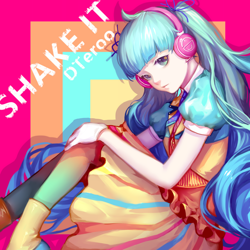 1girl artist_name blue_hair blue_ribbon blunt_bangs closed_mouth commentary dress dteroo english_commentary eyelashes gloves green_eyes hand_on_own_knee hatsune_miku long_hair multicolored_background pink_headphones puffy_short_sleeves puffy_sleeves ribbon shake_it!_(vocaloid) short_sleeves sitting solo song_name twintails very_long_hair vocaloid white_gloves yellow_dress