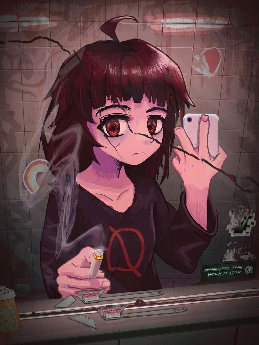 1girl ahoge bathroom black_shirt blood blood_from_mouth brown_hair cellphone cigarette closed_mouth collarbone creeper english_text fingernails frown globe hand_up heart heart_sticker highres holding holding_cigarette holding_phone indoors long_hair long_sleeves looking_at_viewer milk-chan_(milk_series) milk_outside_a_bag_of_milk_outside_a_bag_of_milk minecraft mirror phone pill pill_bottle rainbow razor_blade red_eyes reflection ringed_eyes saghaley shirt short_bangs smartphone smoke solo sticker taking_picture tile_wall tiles toothbrush upper_body