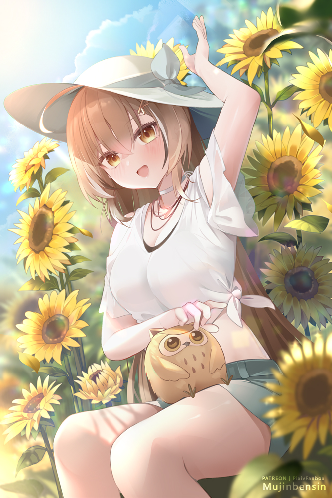 1girl :d ahoge alternate_costume arm_up brown_eyes brown_hair clothing_cutout clouds cloudy_sky crossed_bangs dress flower frilled_shirt frills hair_ornament hairclip hat hololive hololive_english hootsie_(nanashi_mumei) jewelry long_hair looking_at_viewer mujinbensin multicolored_hair nanashi_mumei neck_ribbon necklace petting ribbon shirt short_shorts shorts shoulder_cutout sitting sky smile streaked_hair sun sun_hat sundress sunflower tied_shirt very_long_hair virtual_youtuber