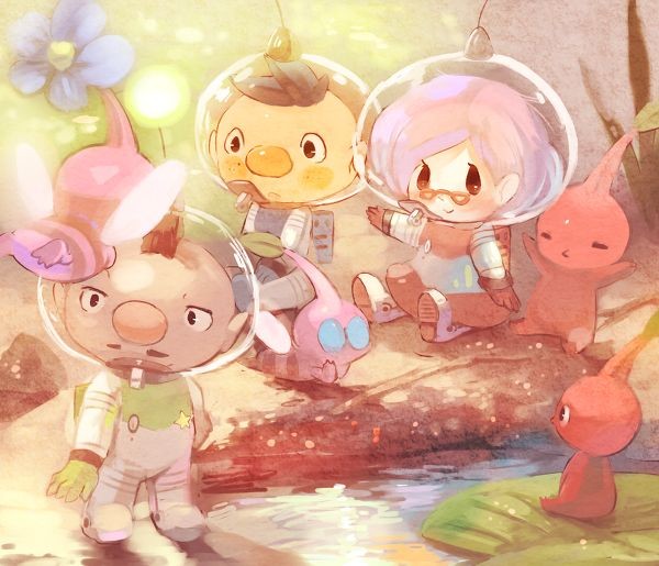 1girl 2boys alien alph_(pikmin) b_spa_gyoreva backpack bad_id bad_pixiv_id badge bag big_nose blue_bag blue_eyes blue_gloves blue_hair blush brittany_(pikmin) brown_hair charlie_(pikmin) closed_eyes commentary_request driftwood eyelashes facial_hair flower flying freckles gloves green_bag green_gloves hand_up hands_on_lap insect_wings leaf looking_ahead looking_at_another lying mohawk multiple_boys mustache on_stomach outstretched_arms pikmin_(creature) pikmin_(series) pink_bag pink_gloves pink_hair pink_skirt pointy_ears pointy_nose purple_flower radio_antenna red_pikmin river rock shady_eyes short_hair sitting skirt space_helmet spacesuit star_(symbol) tiny whistle winged_pikmin wings