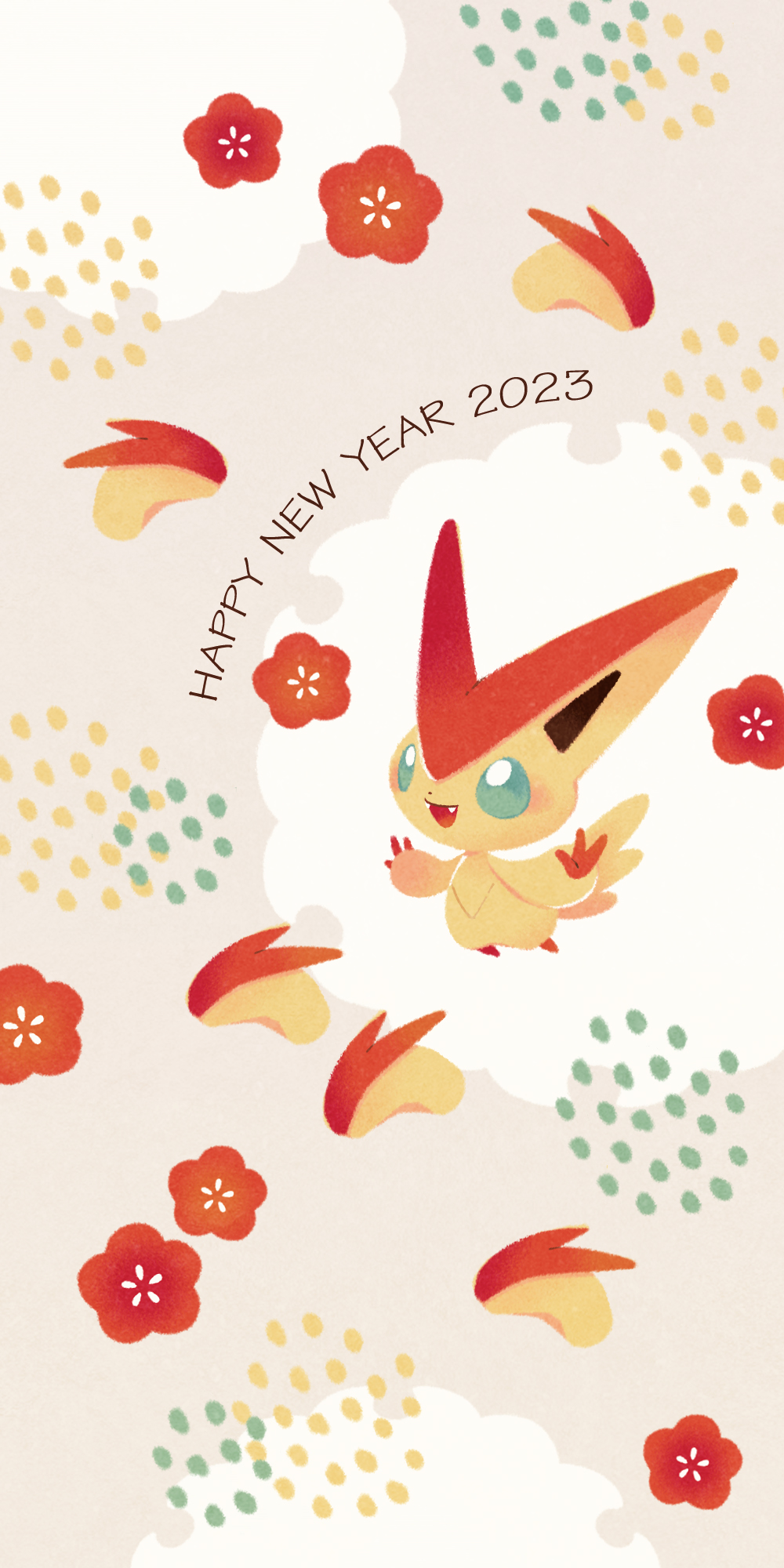 apple apple_slice blue_eyes english_text fangs flower food fruit happy_new_year highres no_humans open_mouth pokemon pokemon_(creature) red_apple red_flower satsumapotato solo victini