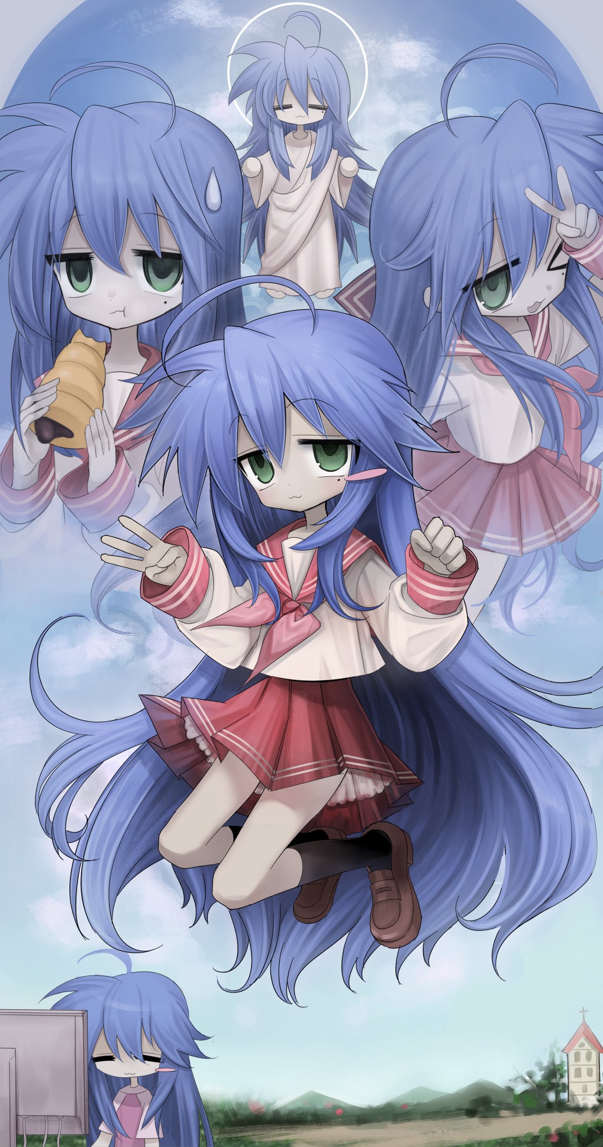 1girl :3 =_= ahoge angel black_socks blue_hair blush_stickers brown_footwear chocolate_cornet church clenched_hand closed_eyes closed_mouth computer dot_nose food green_eyes halo highres holding holding_food izumi_konata jumping kneehighs light_blush long_hair long_sleeves looking_at_viewer lucky_star meyou_0319 midair mole mole_under_eye monitor mountainous_horizon multiple_views neckerchief open_mouth outdoors pale_skin pink_neckerchief pink_shirt red_sailor_collar road robe ryouou_school_uniform sailor_collar school_uniform serafuku shirt shoes short_sleeves skirt sky sleeve_cuffs smile socks sweatdrop v very_long_hair white_robe white_shirt wide_sleeves