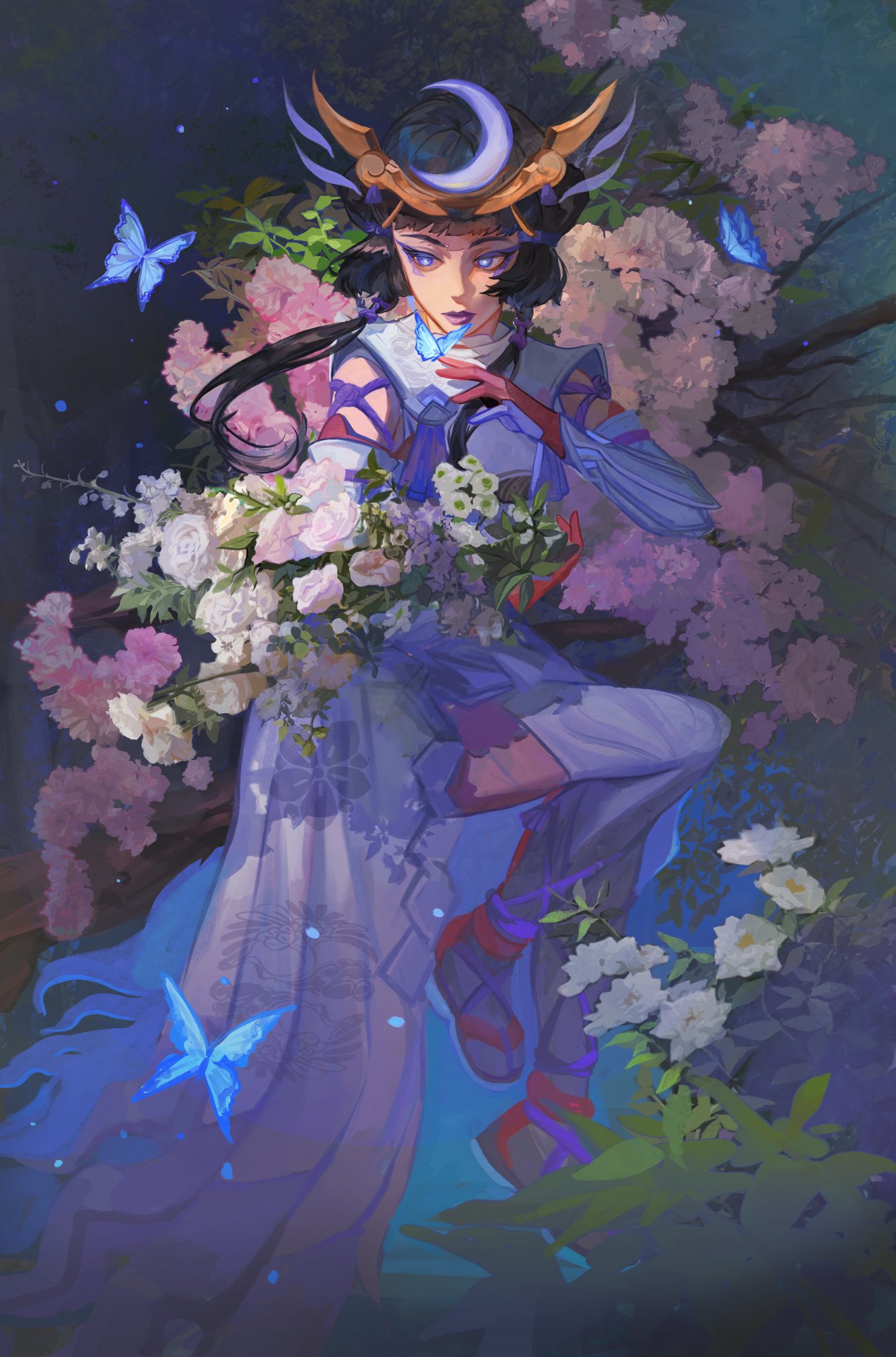 1girl amaterasu_(mythology) animal black_hair blue_eyes branch bug butterfly closed_mouth crescent crescent_hair_ornament english_commentary flower gloves hair_ornament highres japanese_clothes kiriko_(overwatch) long_hair long_sleeves makeup moon_(ornament) official_alternate_costume overwatch overwatch_2 plant red_gloves sandals sitting solo westwheatwheat white_flower white_footwear