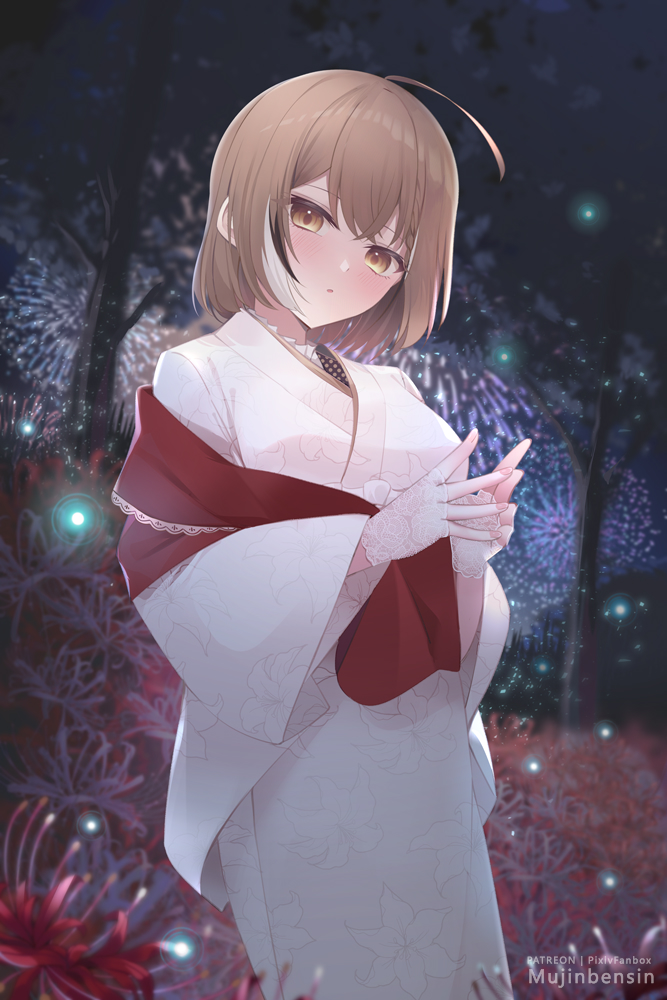 1girl ahoge braid braided_bangs brown_eyes brown_hair crossed_bangs fingernails fireflies fireworks floral_print flower forest gloves hololive hololive_english japanese_clothes kimono lace lace_gloves looking_at_viewer mujinbensin multicolored_hair nanashi_mumei nanashi_mumei_(2nd_costume) nature official_alternate_costume open_mouth print_kimono red_shawl shawl short_hair steepled_fingers streaked_hair virtual_youtuber white_kimono wide_sleeves