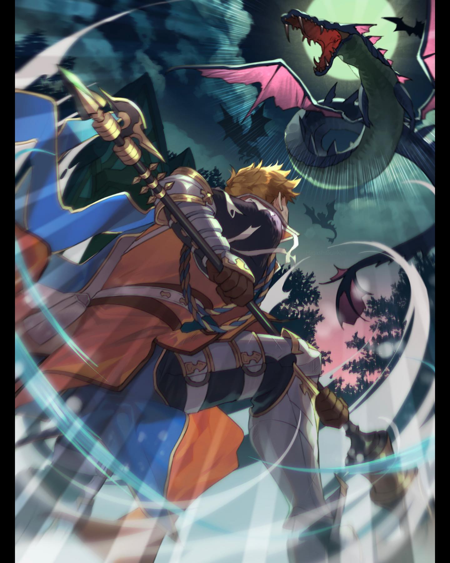 1boy armor armored_boots axe battle_axe black_pants blonde_hair boots brown_gloves clouds dragon fighting_stance full_moon gloves granblue_fantasy highres holding holding_axe holding_weapon male_focus moon night night_sky outdoors pants short_hair sky vambraces vane_(granblue_fantasy) weapon