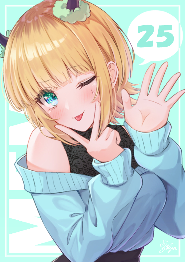 1girl bare_shoulders blonde_hair blue_eyes blue_sweater blush commentary_request demon_horns fake_horns horns ichijo_kazuya long_sleeves looking_at_viewer medium_hair memcho off-shoulder_sweater off_shoulder one_eye_closed oshi_no_ko partial_commentary sidelocks solo sweatdrop sweater tongue tongue_out v v_over_mouth waving