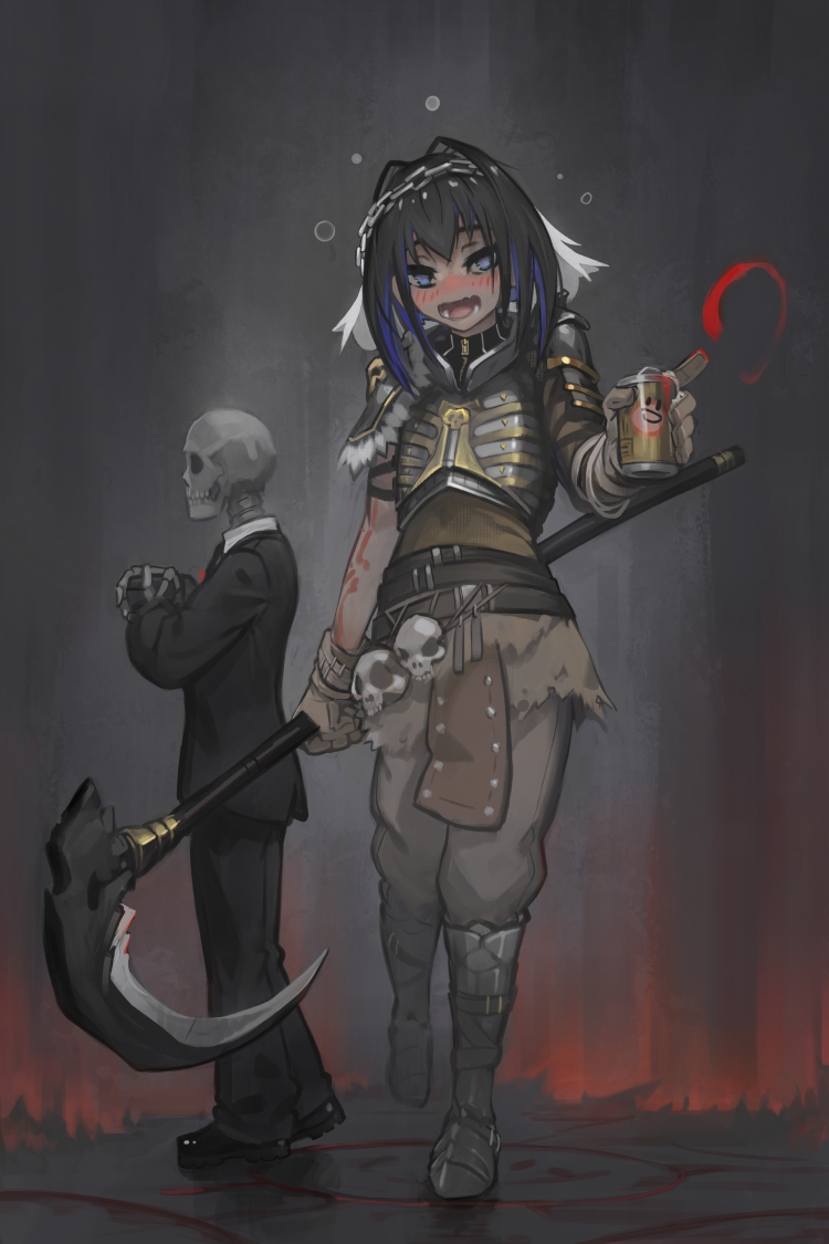 1girl :p alcohol arm_tattoo armor armored_boots asymmetrical_sleeves beer beer_can belt blood blue_eyes blue_hair blush boots breastplate brown_gloves brown_pants can chain chain_headband commentary drunk english_commentary fang formal full_body gloves hair_between_eyes hair_intakes headband holding holding_can holding_scythe holding_weapon hololive hololive_english jewelry long_sleeves looking_at_viewer multicolored_hair multiple_belts open_mouth ouro_kronii paintrfiend pants scythe shirt short_hair shoulder_armor shoulder_pads skeleton skeleton_print skin_fang skull skull_ornament skull_print sleeveless suit tattoo teeth tongue tongue_out veil virtual_youtuber walking weapon