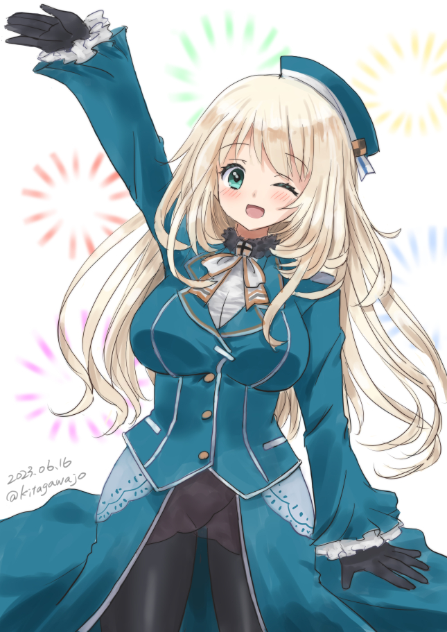 1girl arm_up ascot atago_(kancolle) beret black_gloves black_pantyhose black_skirt blonde_hair blue_headwear breasts commentary_request gloves green_eyes green_jacket hat jacket kantai_collection kitagawa_mikio large_breasts long_hair military_uniform one-hour_drawing_challenge one_eye_closed pantyhose skirt solo uniform waving white_ascot