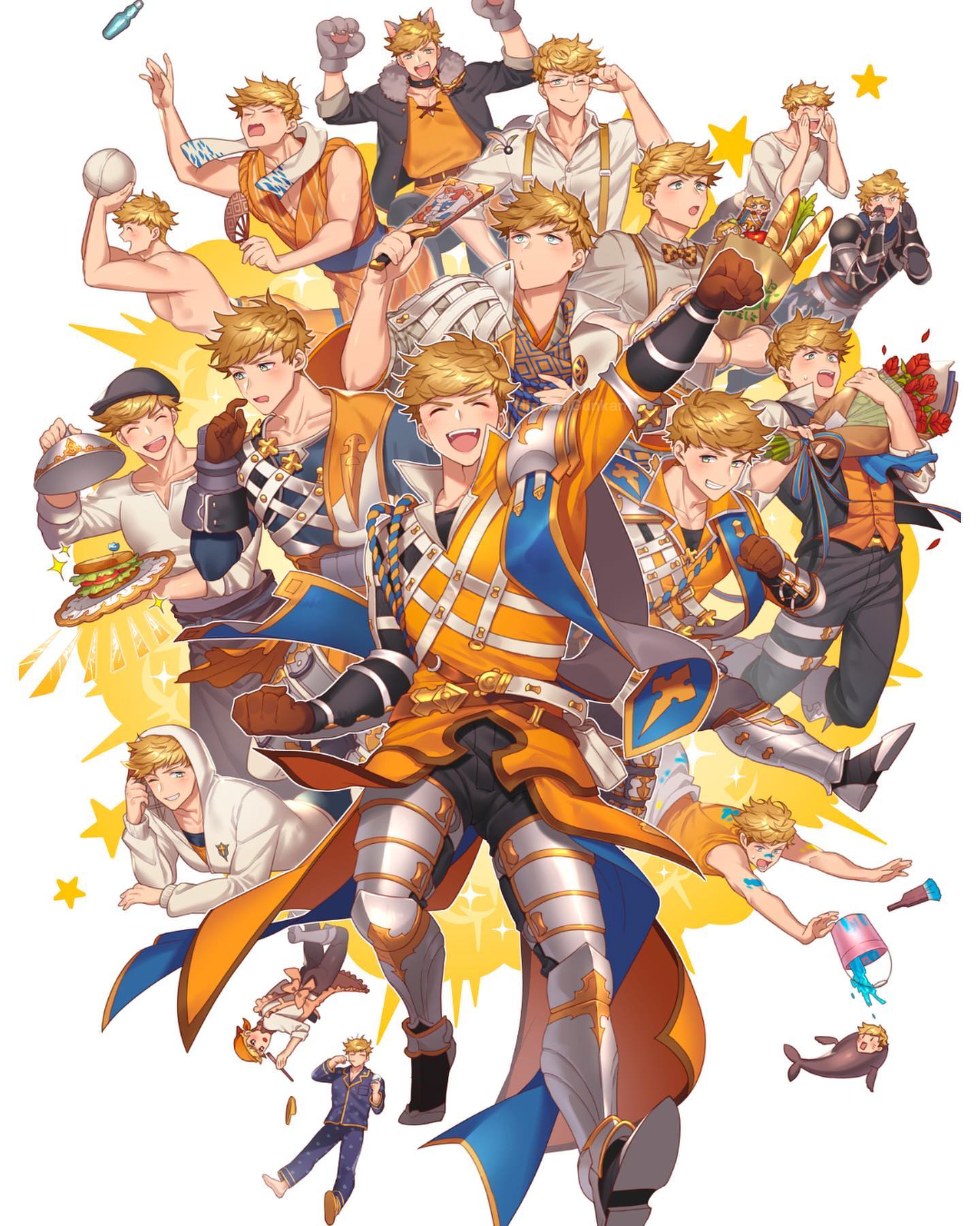 1boy :o alternate_costume alternate_hairstyle armor ball blonde_hair blush bouquet bow bowtie bread character_name cleavage_cutout closed_eyes clothing_cutout collage cover cover_page english_text fanbook flower food full_body fur_gloves gloves granblue_fantasy green_eyes higashigunkan highres hood hood_up hoodie large_pectorals leg_armor long_sleeves looking_at_viewer looking_to_the_side looking_up lying male_focus multiple_persona muscular muscular_male on_stomach one_eye_closed open_clothes open_mouth paint paint_splatter paint_splatter_on_face pants pectorals revealing_clothes sandwich sash shirt short_sleeves shouting sleeveless sleeves_rolled_up smile smirk star_(symbol) teeth topless_male towel vambraces vane_(granblue_fantasy) vane_(the_dragon_knights)_(granblue_fantasy) white_shirt