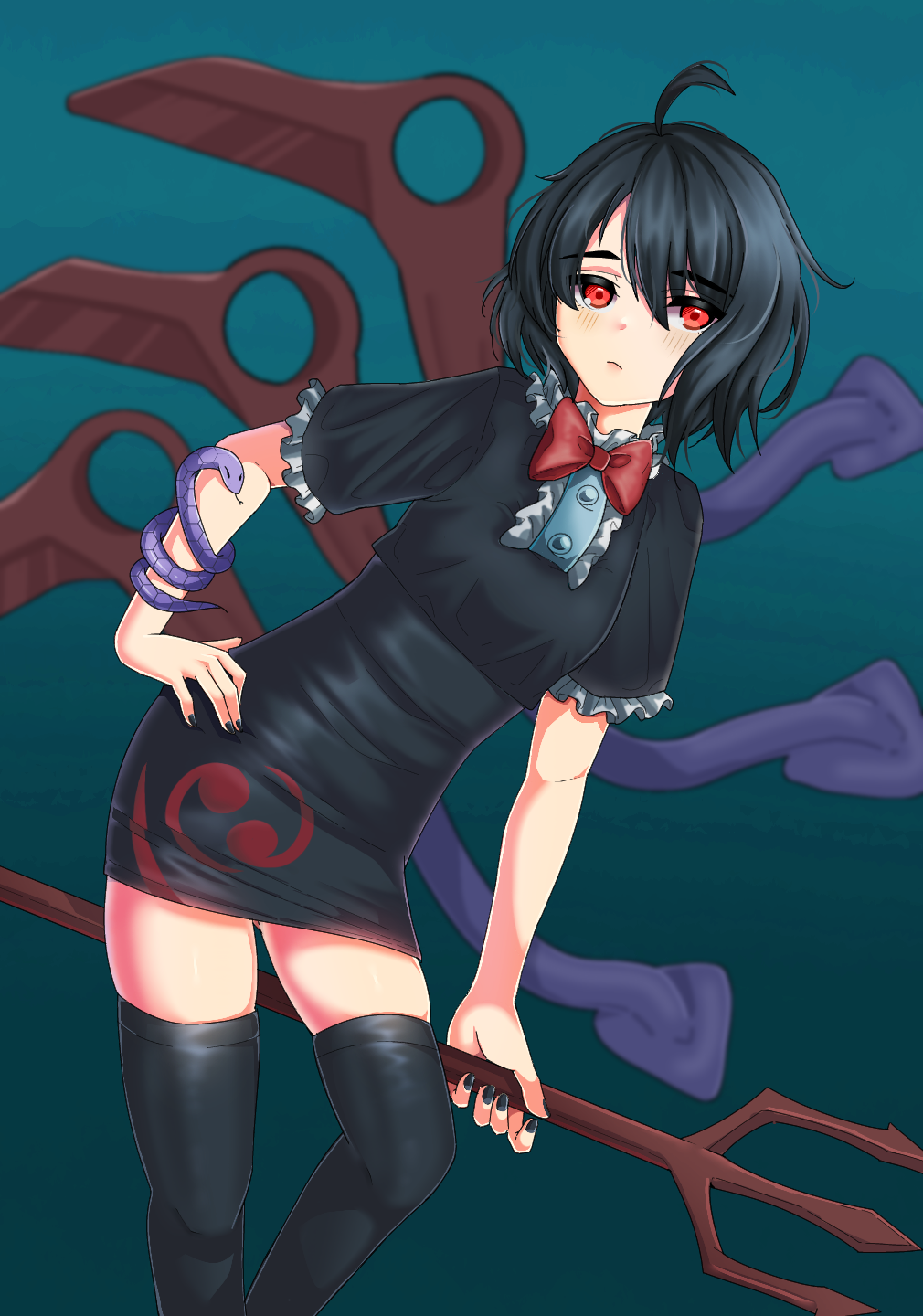 1girl asymmetrical_wings black_dress black_hair black_thighhighs blue_wings bow bowtie dress highres holding houjuu_nue non-web_source polearm red_bow red_bowtie red_eyes red_wings short_hair snake solo thigh-highs touhou trident undefined_fantastic_object weapon wings