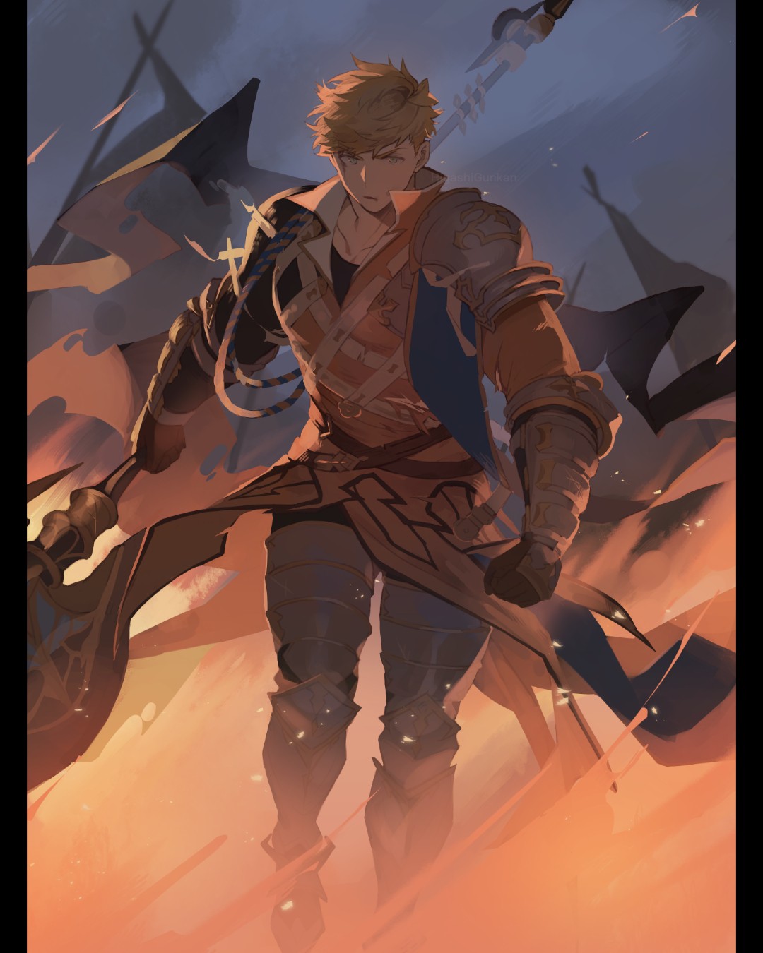 1boy armor axe battle_axe black_gloves blonde_hair boots closed_mouth gloves granblue_fantasy green_eyes higashigunkan highres holding holding_axe holding_weapon injury knight large_pectorals looking_at_viewer male_focus muscular muscular_male outdoors pauldrons pectorals short_hair shoulder_armor single_pauldron solo vambraces vane_(granblue_fantasy) weapon