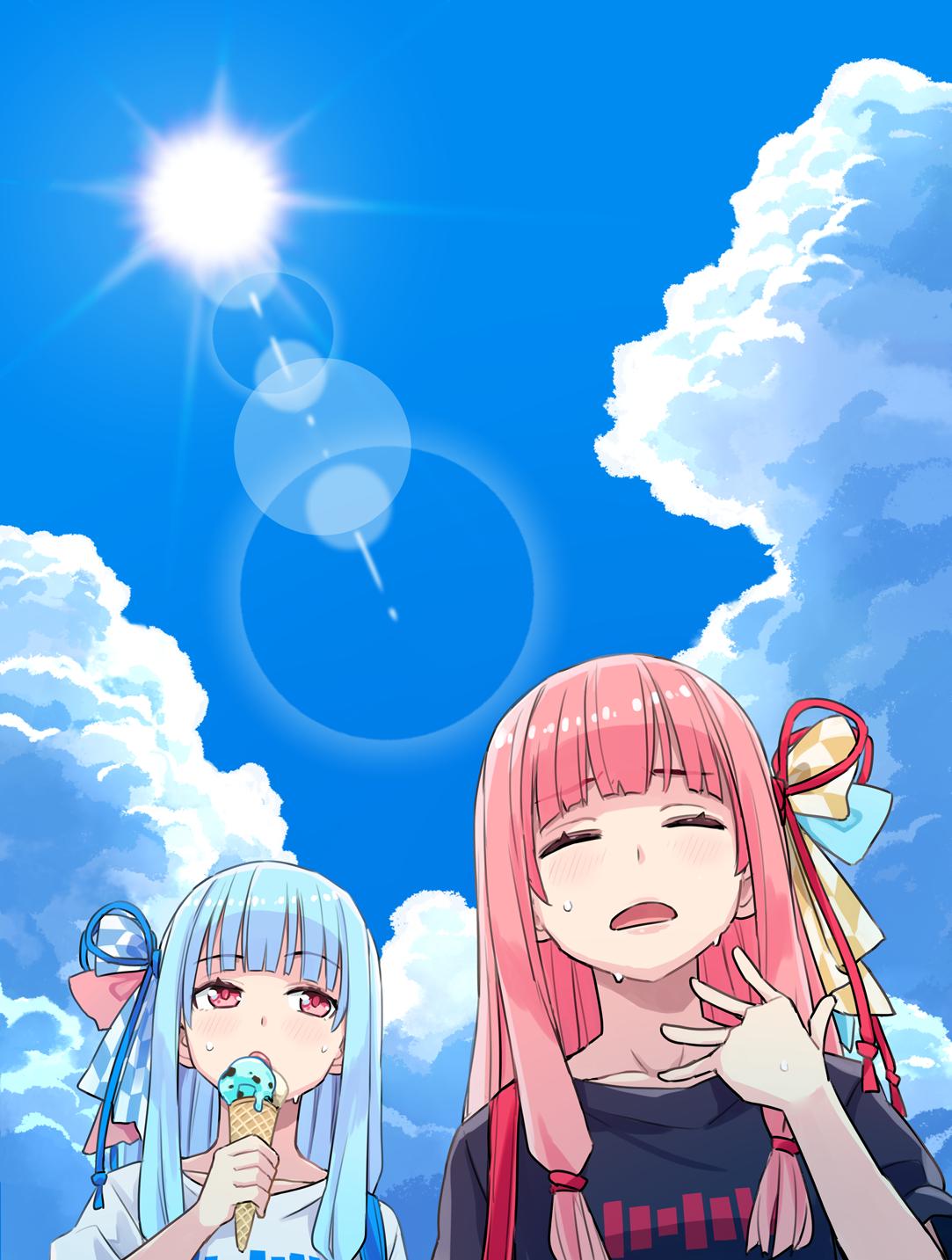 2girls black_shirt blue_hair blue_ribbon blue_sky casual closed_eyes clouds cloudy_sky commentary cover cover_page day doujin_cover eating facing_viewer fanning_face from_below frown furrowed_brow hair_ribbon hand_up highres holding_ice_cream hot ice_cream_cone kotonoha_akane kotonoha_aoi lens_flare light_blush long_hair low_tied_sidelocks mint_chocolate multiple_girls open_mouth pink_hair print_shirt red_eyes red_ribbon ribbon shirt short_sleeves shoulder_strap siblings sisters sky summer sun sweat toromera upper_body voiceroid white_shirt