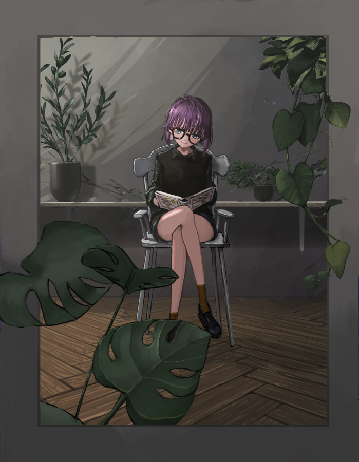 1girl bare_legs black_footwear black_shirt black_shorts black_vest book border brown_socks chair chrono_trigger closed_mouth collared_shirt crossed_legs full_body glasses grey_border grey_eyes head_tilt holding holding_book indoors leaf long_sleeves looking_at_viewer lucca_ashtear mint_(catofminto) on_chair open_book outside_border plant potted_plant purple_hair shelf shirt shoes short_hair shorts sitting smile socks solo sweater_vest vest wooden_floor