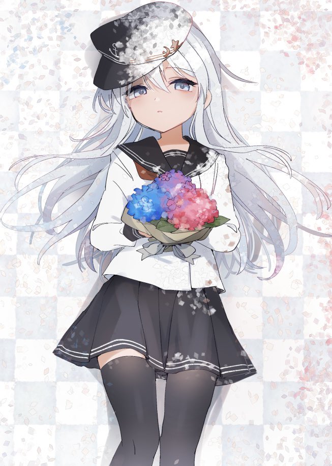 1girl anchor_symbol black_headwear black_sailor_collar black_skirt black_thighhighs blue_eyes blue_flower bouquet feet_out_of_frame flat_cap flower grey_hair hair_between_eyes hammer_and_sickle hat hibiki_(kancolle) holding holding_bouquet kantai_collection long_hair long_sleeves neckerchief one-hour_drawing_challenge parted_lips pleated_skirt red_flower red_neckerchief sailor_collar school_uniform serafuku skirt solo thigh-highs verniy_(kancolle) white_headwear yamashichi_(mtseven)