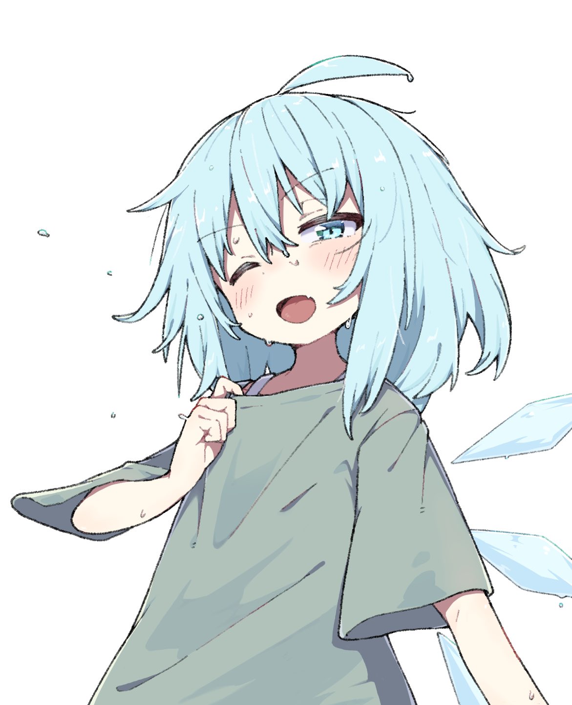 1girl ahoge blue_eyes blue_hair cirno collar_tug commentary_request detached_wings fang flying_sweatdrops green_shirt highres ice ice_wings kae_karee messy_hair no_hair_bow no_nose one_eye_closed open_mouth shirt short_sleeves simple_background solo sweat sweating_profusely touhou undershirt upper_body white_background wings