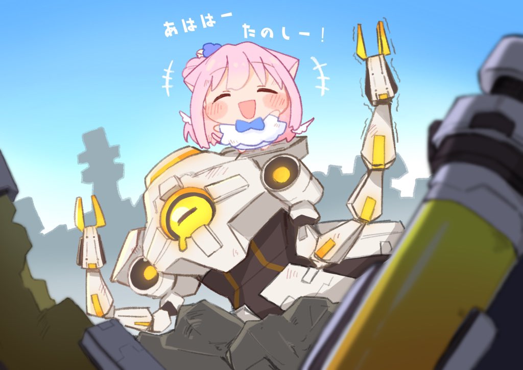 1girl after_battle animal_ears blue_archive blue_bow blush bow cat_ears cat_tail chibi closed_eyes crying detached_wings happy hod_(blue_archive) long_hair mecha mika_(blue_archive) pink_hair robot smile tail urode wings