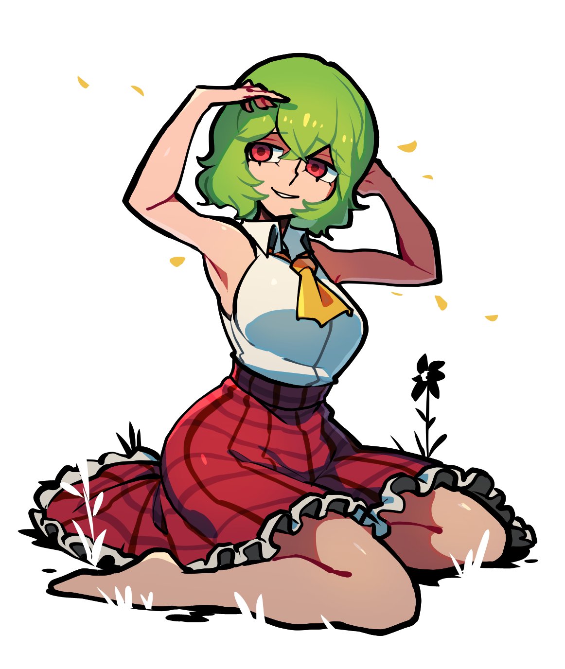 1girl adapted_costume armpits arms_up ascot bare_arms bare_legs breasts commentary_request crossed_bangs full_body green_hair hair_between_eyes highres iganashi1 kazami_yuuka large_breasts light_smile looking_to_the_side parted_lips plaid plaid_skirt red_eyes red_skirt simple_background sitting skirt solo teeth touhou wariza white_background yellow_ascot