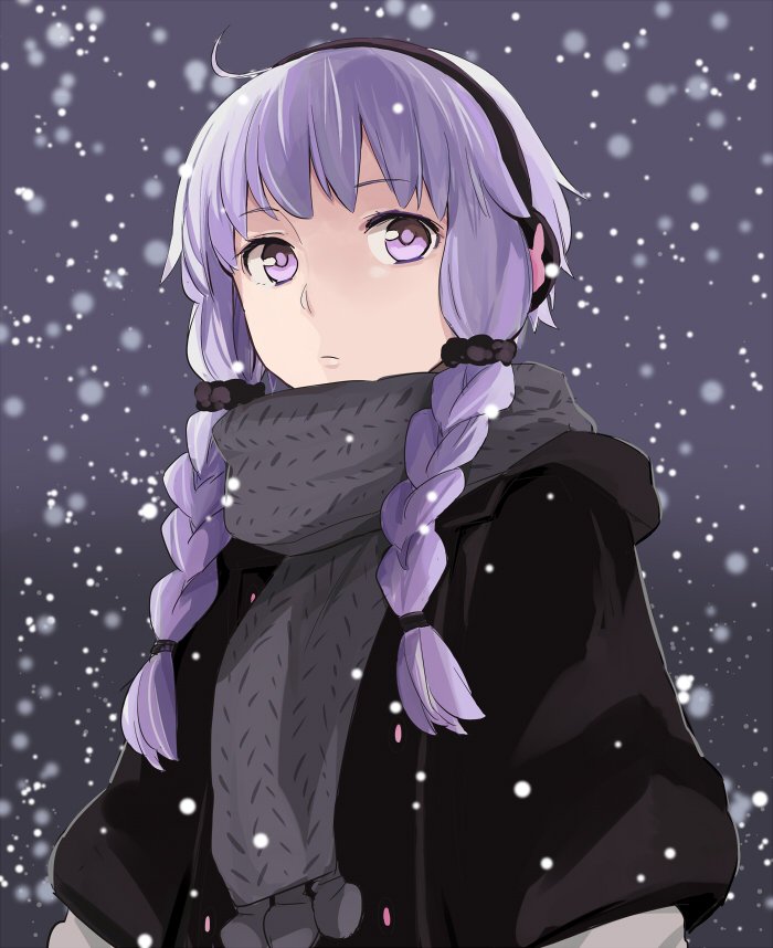 1girl ahoge alternate_costume alternate_hairstyle black_coat braid closed_mouth coat commentary_request earmuffs expressionless grey_scarf hair_ornament hair_scrunchie looking_at_viewer purple_background purple_hair scarf scrunchie short_hair_with_long_locks snowing solo toromera twin_braids upper_body violet_eyes vocaloid voiceroid yuzuki_yukari