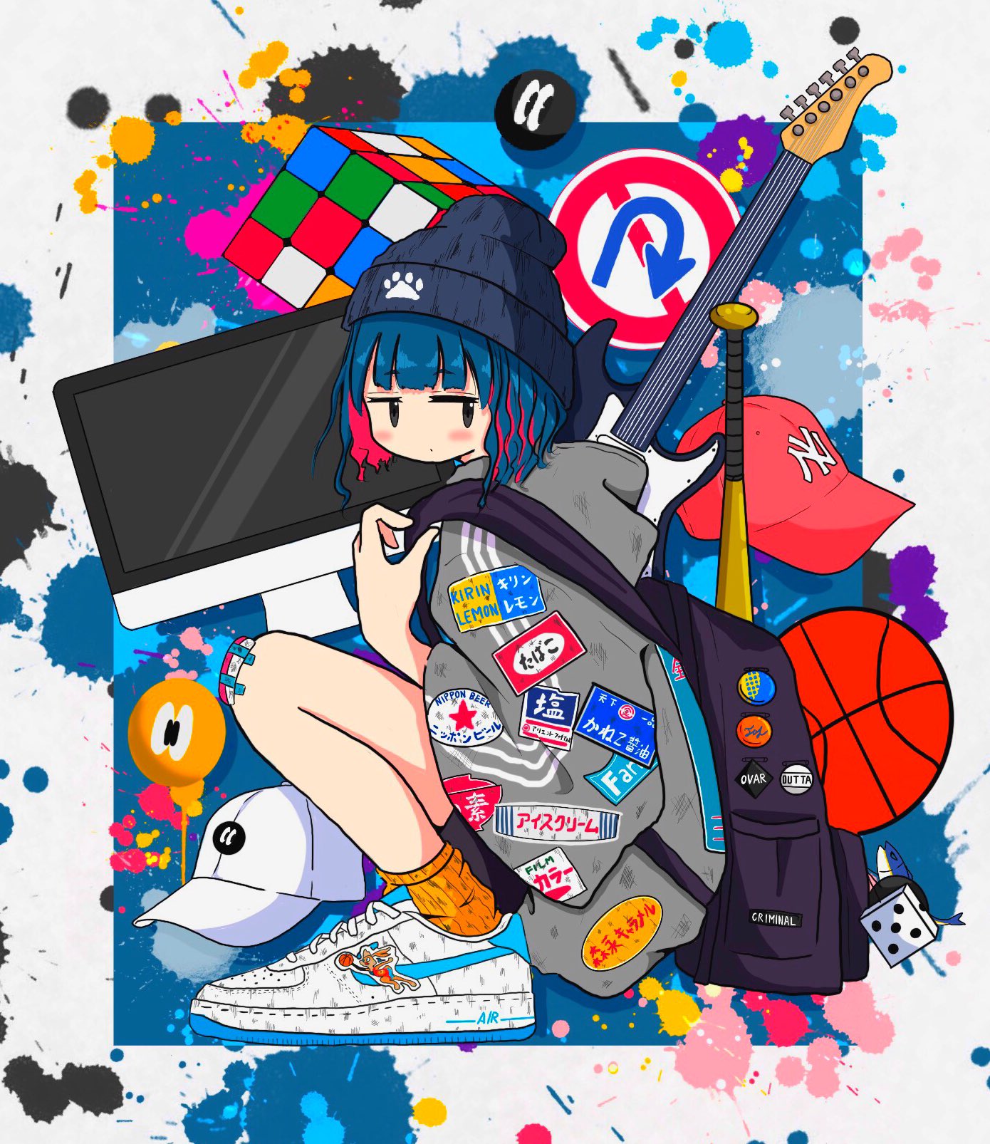1girl backpack badge bag ball baseball_bat baseball_cap basketball_(object) beanie black_eyes blue_background blue_hair blush border button_badge commentary computer dice electric_guitar from_side full_body grey_headwear grey_shirt guitar hat highres holding_strap imac instrument jitome looking_at_viewer looking_to_the_side multicolored_hair nao97122 nike original outside_border paint_splatter patch paw_print pink_hair road_sign rubik's_cube shirt shoes sign sleeves_past_elbows sneakers socks solo squatting sticker streaked_hair streetwear triple_vertical_stripe white_border white_footwear wide_sleeves yellow_socks