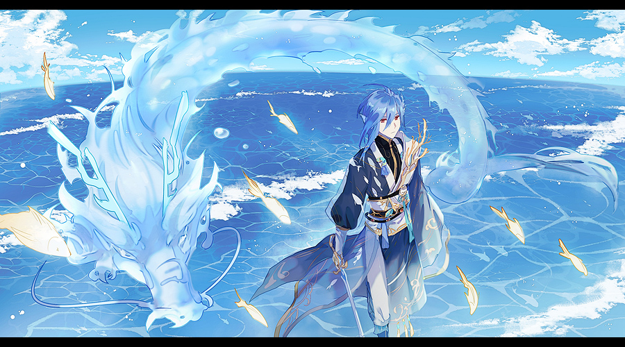 1boy asymmetrical_sleeves black_shirt blue_hair blue_robe chinese_clothes closed_mouth clouds coral_hair_ornament day double-parted_bangs dragon eastern_dragon expressionless feet_out_of_frame feng_sheng_shui_qi fins fish gold_trim hair_between_eyes head_fins holding holding_sword holding_weapon letterboxed long_sleeves looking_at_viewer male_focus mandarin_collar medium_hair ocean pants red_eyes robe sash see-through see-through_sleeves shirt solo standing sword the_tale_of_food toruglose waves weapon white_pants white_sash wide_sleeves