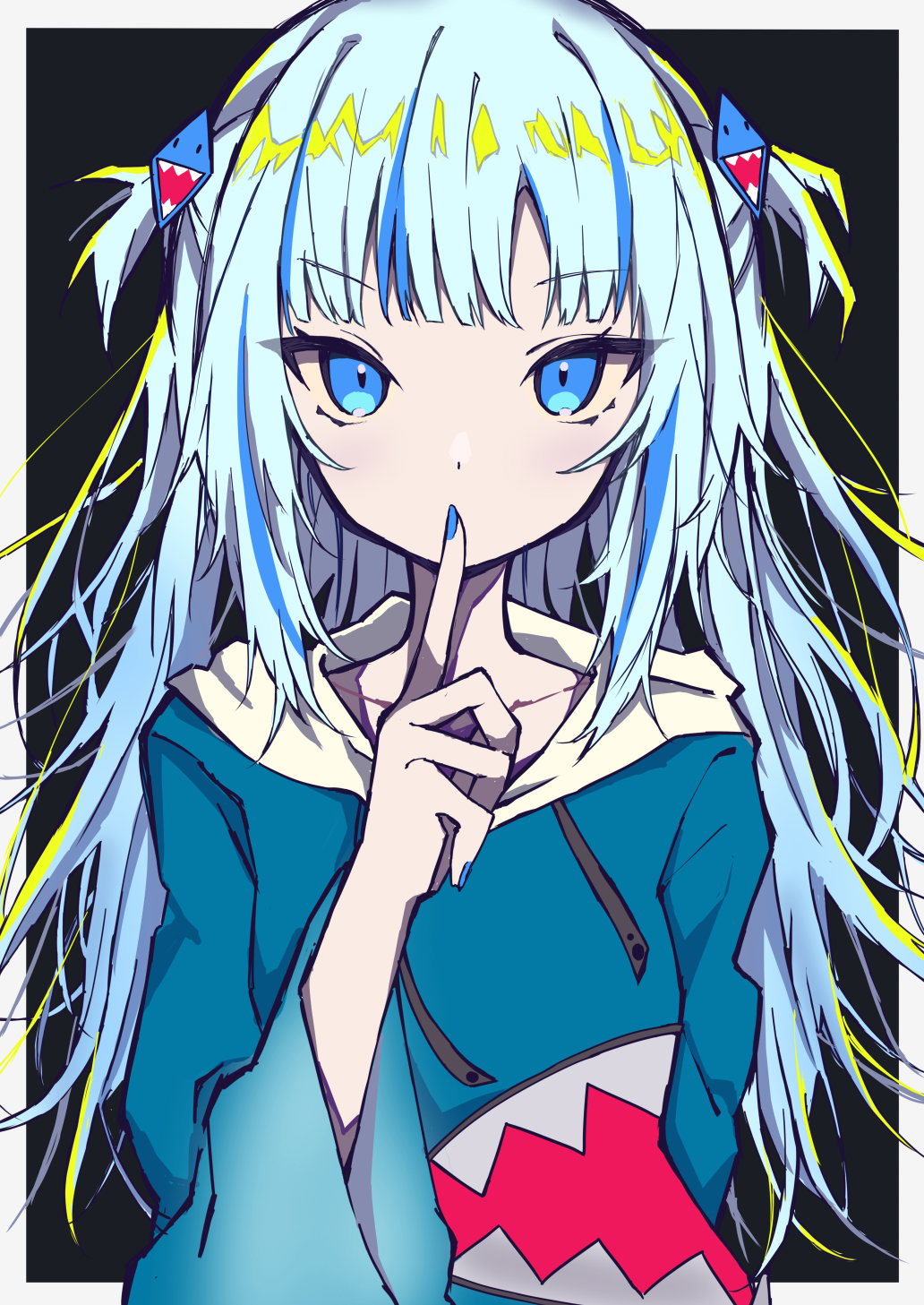 1girl animal_hood arm_behind_back blue_hair blue_hood blue_hoodie blue_nails blunt_bangs finger_to_mouth gawr_gura gawr_gura_(1st_costume) grey_hair hair_ornament highres hololive hololive_english hood hoodie long_sleeves looking_at_viewer medium_hair multicolored_hair naginata_(beam_naginata) nail_polish shark_hair_ornament shark_hood sidelocks solo streaked_hair two-tone_background two_side_up virtual_youtuber
