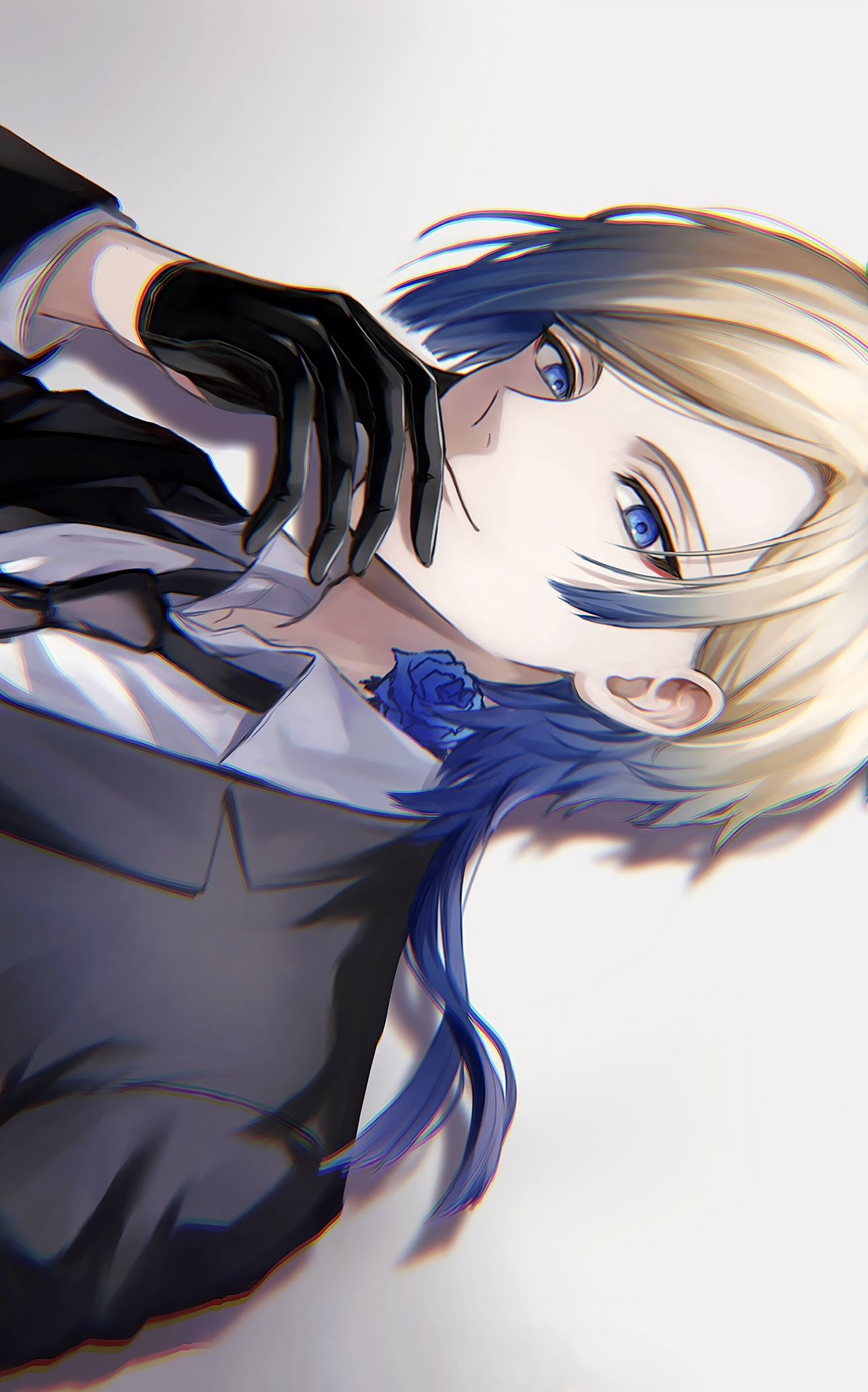 1boy black_gloves black_necktie blonde_hair blue_eyes blue_hair blue_lock closed_mouth commentary flower_tattoo formal gloves gradient_background gradient_hair hand_on_own_face highres lapels long_hair looking_at_viewer male_focus michael_kaiser moco_(1553561764583079936) multicolored_hair neck_tattoo necktie peaked_lapels solo suit tattoo
