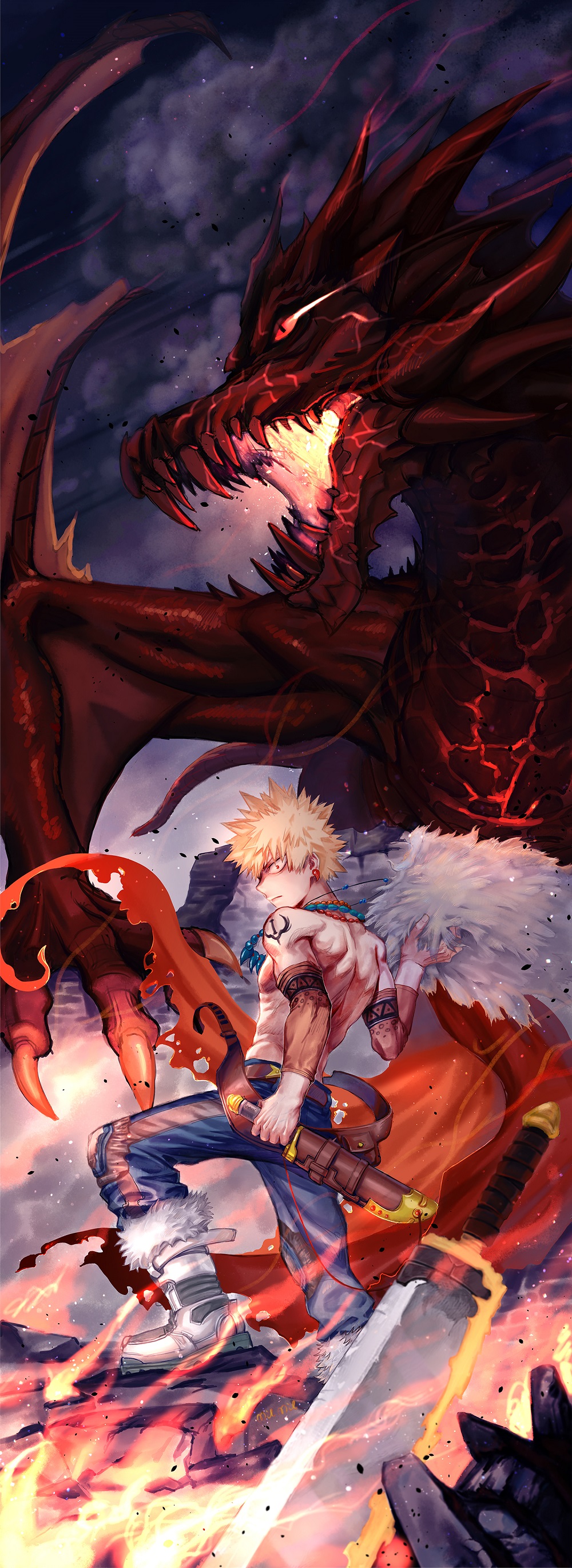 1boy 2nd_popularity_poll_(boku_no_hero_academia) absurdres alternate_universe bakugou_katsuki belt birthday blonde_hair blue_pants blurry boku_no_hero_academia boots brown_belt cape claws closed_mouth clothing_request commentary dragon dust_cloud eye_trail fanny_pack fantasy fire floating_cape from_behind full_body fur-trimmed_boots fur-trimmed_cape fur_trim glowing_veins greatsword grey_footwear hand_on_hilt hand_up highres holding holding_cape holding_clothes knee_pads light_trail looking_at_viewer looking_back male_focus milmil_(wa_ten'nendesu) no_shirt official_alternate_costume open_mouth outdoors pants planted planted_sword red_cape red_eyes rock sanpaku sheath sheathed short_hair short_sword sideways_mouth smoke solo spiky_hair standing stepping sword tooth_earrings torn_cape torn_clothes triangle_print weapon western_dragon wide-eyed