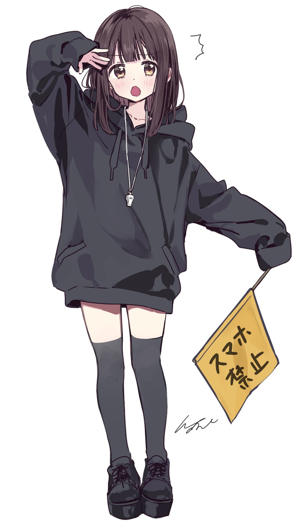 1girl :o arm_up black_footwear black_hair black_hoodie black_thighhighs blunt_bangs collarbone commentary flag full_body highres holding holding_flag hood hood_down hoodie looking_to_the_side medium_hair nanase_kurumi_(menhera-chan) open_mouth original oversized_clothes pomu signature simple_background sleeves_past_fingers sleeves_past_wrists standing thigh-highs v-shaped_eyebrows white_background yellow_eyes
